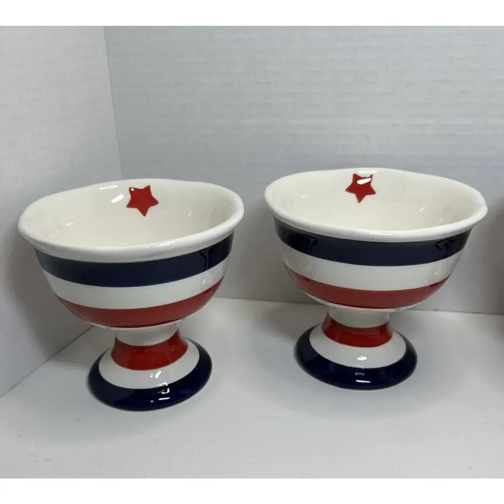 Grace's Teaware ICE CREAM Dessert Bowl Ceramic Blue Red White Striped Qty 4